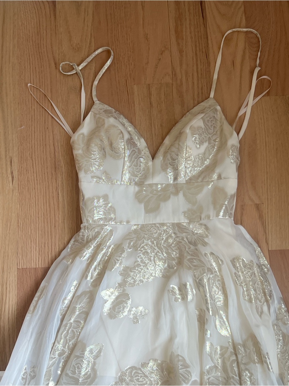 La Femme Organza Ivory Strapless A-Line Gown with Gold Floral Jacquard - Picture 2 of 7